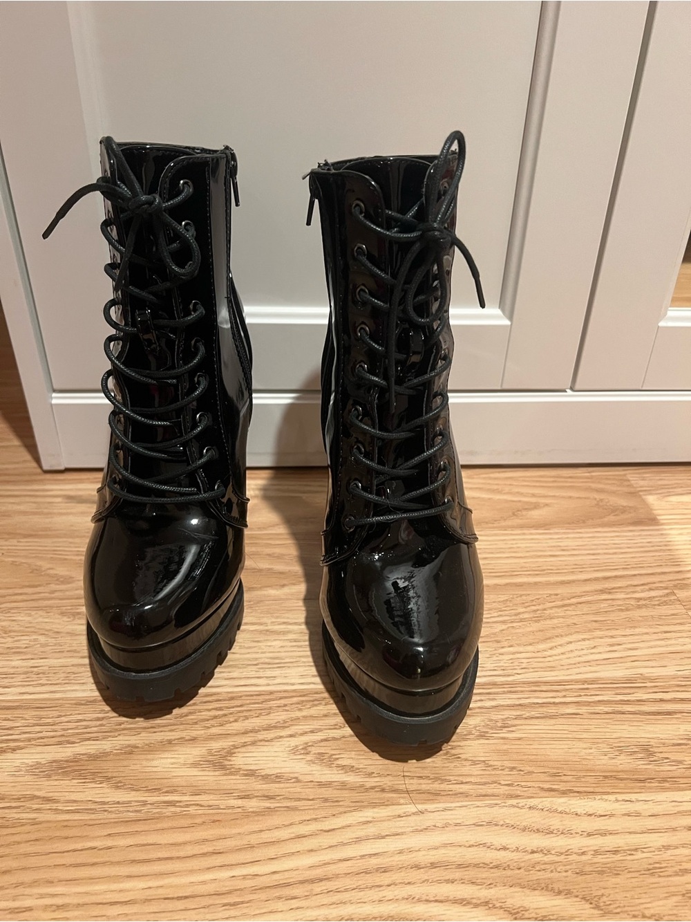 Fashion Nova Black Patent Lace-Up Platform Combat Boots
